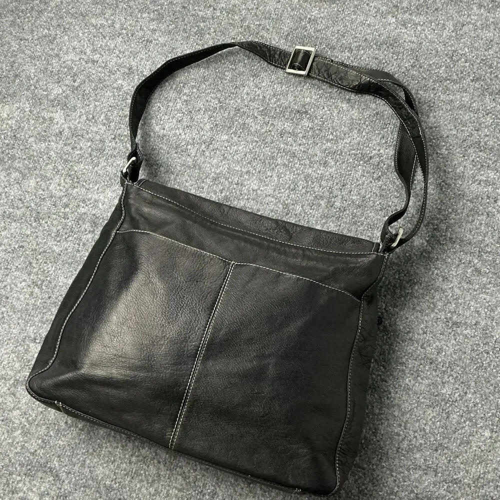 Vintage Black Pebbled Leather Messenger Bag Made in Colombia Striped Crossbody